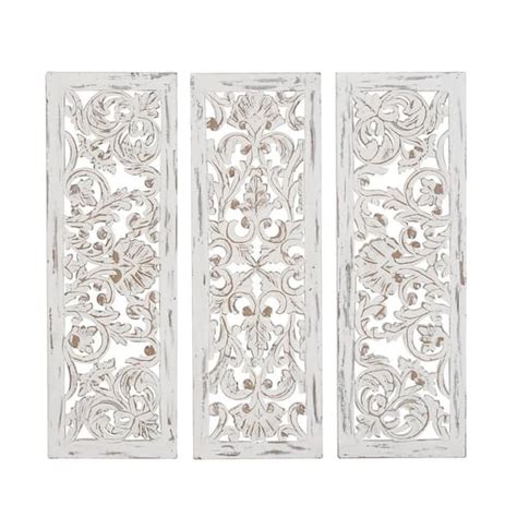 Litton Lane Wood White Handmade Intricately Carved Floral Wall Decor