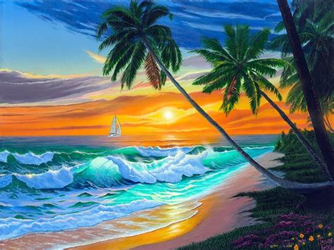 Beach Tropical Painting Palm Tree Canvas Art Large Paradise Etsy