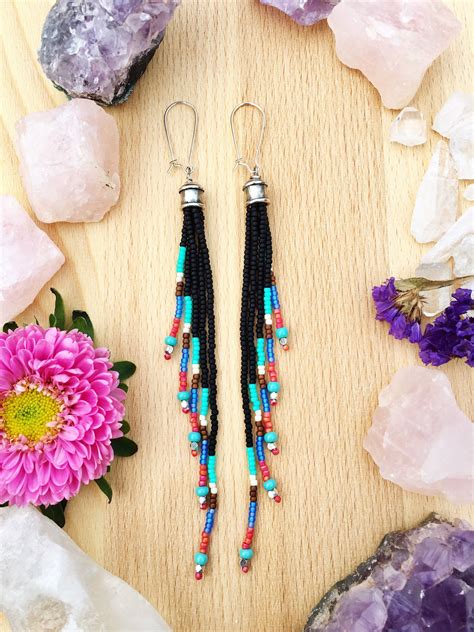 Long Fringe Seed Bead Earrings Long Dangly Earrings Boho Etsy Bead