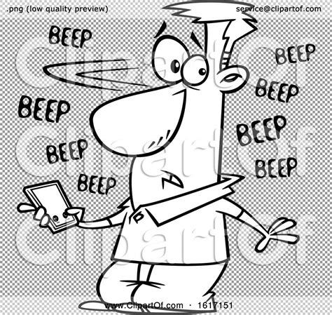 Clipart Of A Cartoon Black And White Man Holding A Cell Phone That Is