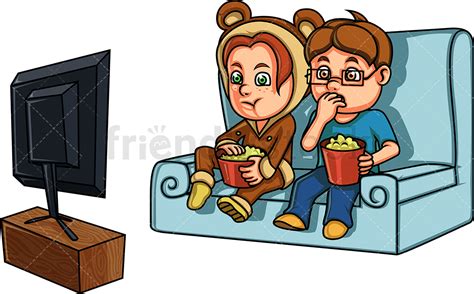 Kids Watching A Home Movie Cartoon Vector Clipart