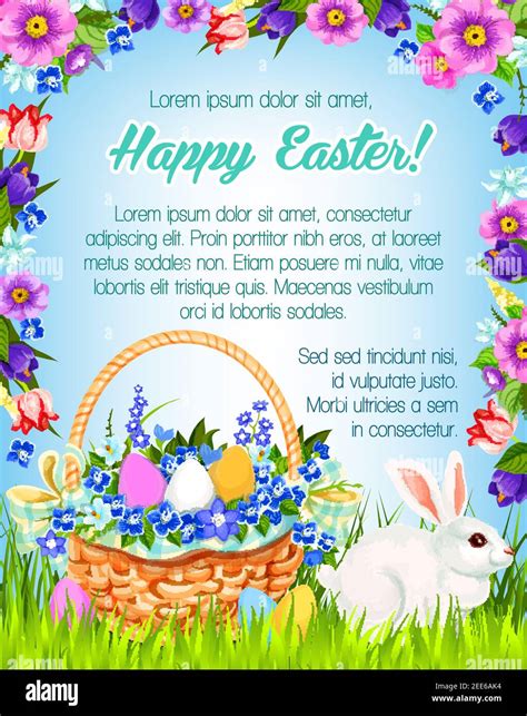 Happy Easter Greetings Of Paschal Eggs In Flowers Wicker Basket And