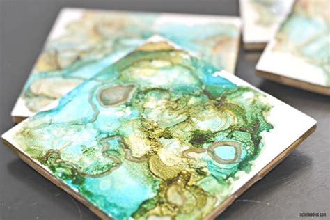 Diy Agate Look Ceramic Tile Coasters With Gold Edge Made With Alcohol
