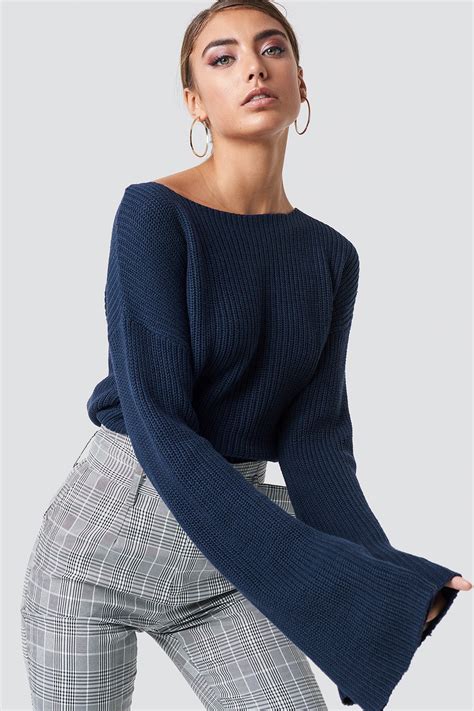 Cropped Long Sleeve Knitted Sweater Blue Long Sleeve Knit Sweaters