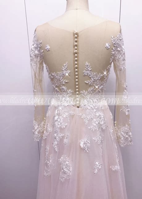 Cheap Champagne Tulle Wedding Dress With Illusion Lace Long Sleeves