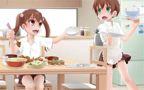 Girl Androgynous Apron Blush Brother And Sister Brown Eyes Brown Hair Chopsticks Crossdressing