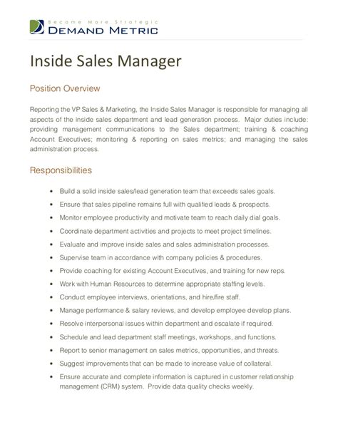 Sales and marketing job purpose: Inside Sales Manager Job Description