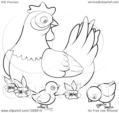 Clipart Of A Black And White Lineart Mother Hen Chicken And Chicks