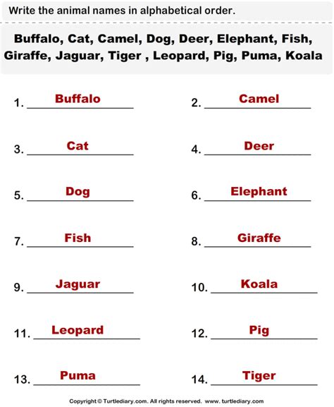 Alphabetize list is a free online tool that puts any list in alphabetical order. Animals Names List Worksheet - Turtle Diary