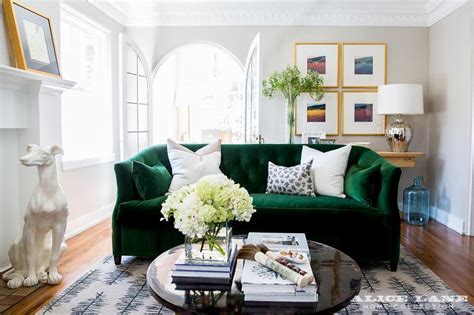 How to infuse a grey living room with shades of green. Emerald Green Velvet Sofa with Black Coffee Table ...
