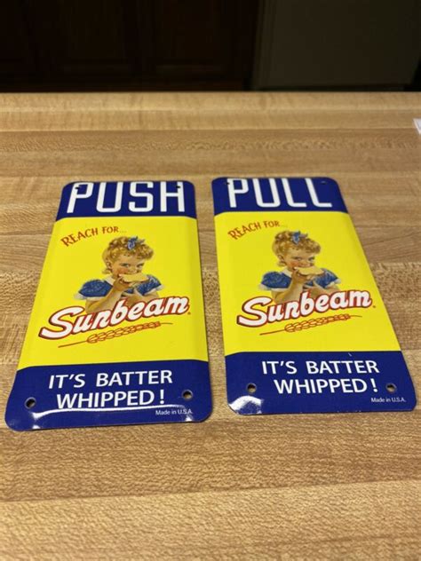 Set Of 2 Vintage Sunbeam Bread Metal Advertising Door Push Pull Signs