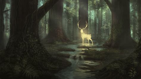 Photos Deer Fantasy Forests Trees Animals Painting Art 3840x2160