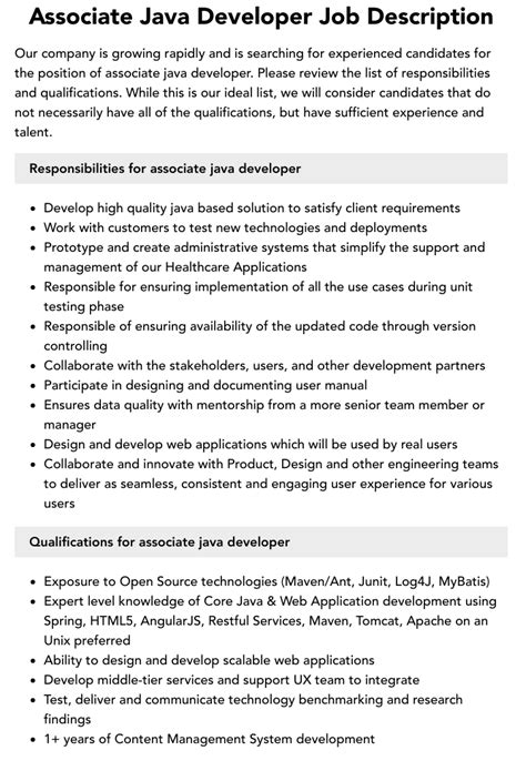 Associate Java Developer Job Description Velvet Jobs