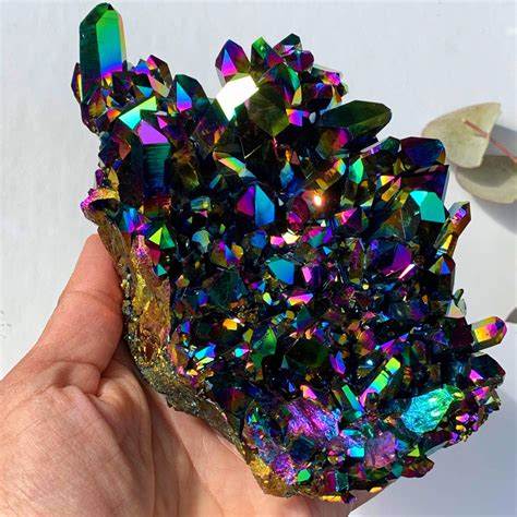 Incredible Xxl Rainbow Titanium Quartz Cluster With Dt Elestial Points