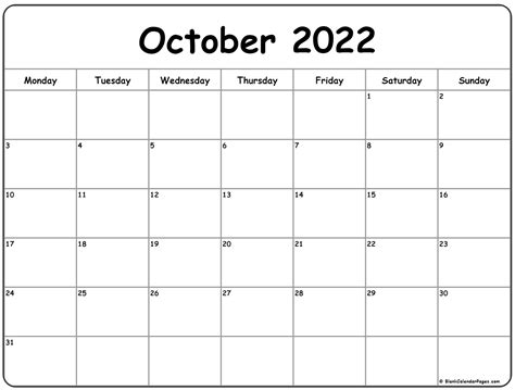October 2022 Monday Calendar Monday To Sunday