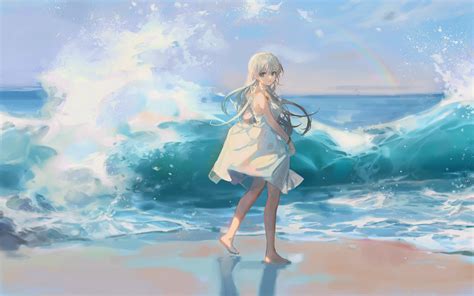 Download 1920x1200 Anime Girl Seascape Beach Walking Waves Rainbow