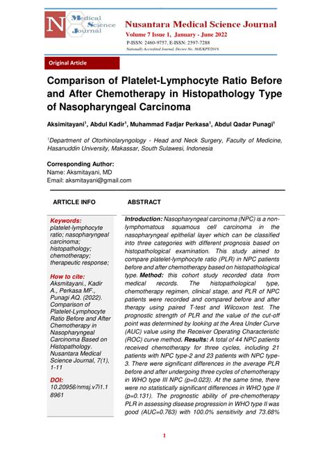 Pdf Comparison Of Platelet Lymphocyte Ratio Before And After