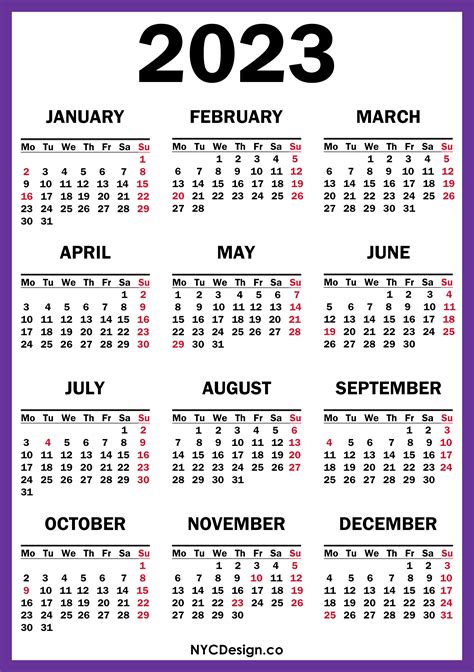 2023 Calendar With Us Holidays Printable Free Purple Monday Start