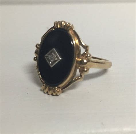 Sale Vintage Art Deco Oval Black Onyx With Diamond Accent Ring 10k Yellow Gold Finger Size