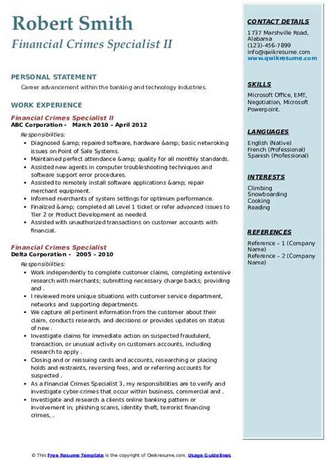 Finance and accounting professionals can find career opportunities in any business sector. Financial Crimes Specialist Resume Samples | QwikResume