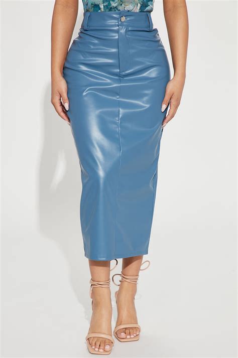 Hard To Forget Faux Leather Midi Skirt Slate Blue Fashion Nova