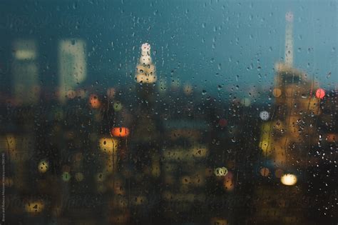 New York City Skyline Through A Window On A Rainy Day By Bruce And
