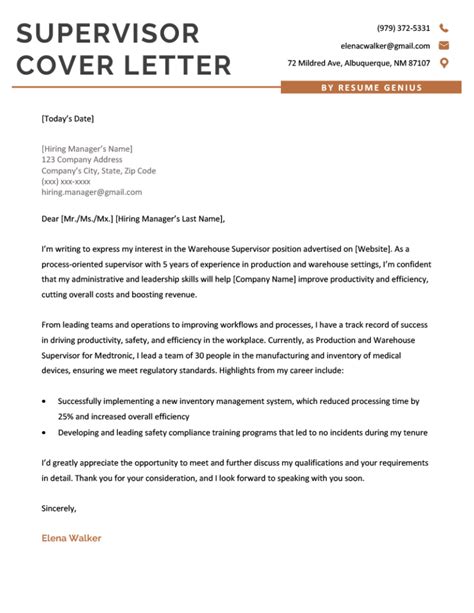 Supervisor Cover Letter Sample To Download Resume Genius