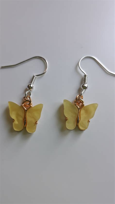 Yellow And Gold Coloured Butterfly Dangle Earrings Dainty Etsy