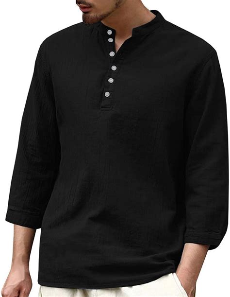 fueri mens linen shirt 3 4 sleeve cotton henley shirt summer shirt grandad collar casual regular