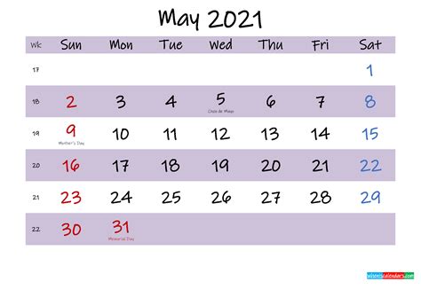 May 2021 Calendar With Holidays Printable Template K21m533