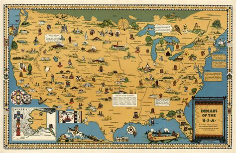 Mid Century Pictorial Map Indians Of The Usa Native American Tribes Wall Poster Us