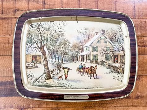 Vintage Currier And Ives American Homestead Winter 1868 Tin Metal Serving