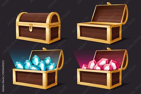 Treasure Chest Closed And Open Chests With Gems Jewelry Medieval