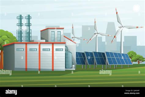 Renewable Energy Sources Colored Composition With Industrial Buildings