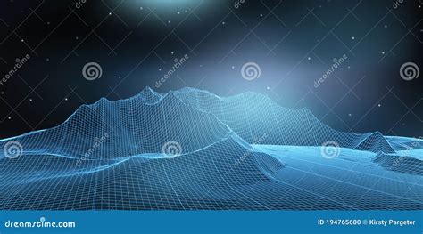Wireframe Landscape Banner With Mountainous Terrain Stock Vector