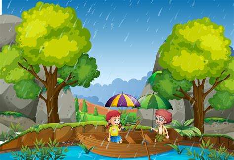 Rainy Day With Girl And Boy In The Park 419958 Vector Art At Vecteezy