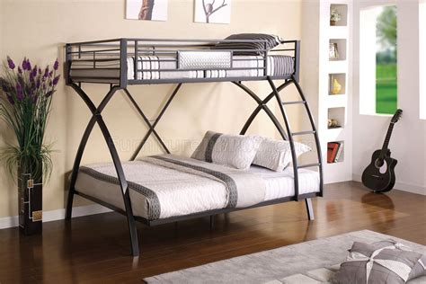 Black finish full over full metal bunk bed frame kids teen dorm furniture ladder. CM-BK1029 Apollo Twin/Full Bunk Bed in Gun Metal & Chrome ...