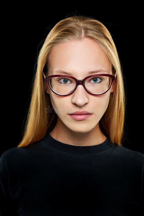 Blonde Woman With Glasses Looking Seriously Stock Image Image Of