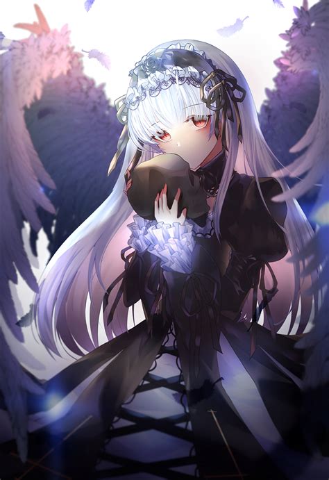 M1yu Suigintou Rozen Maiden Silver Hair 1girl Black Dress Black Ribbon Dress Feathered