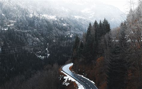 Download Wallpaper 3840x2400 Road Winding Trees Mountains Snowy 4k