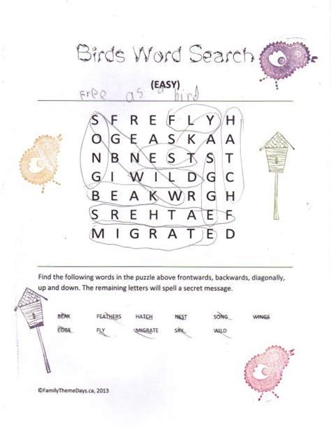 Free Birds Word Search Printable Birds Theme Days