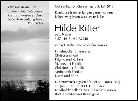 Traueranzeigen Von Hilde Ritter Schwaebische De Trauerportal My Xxx