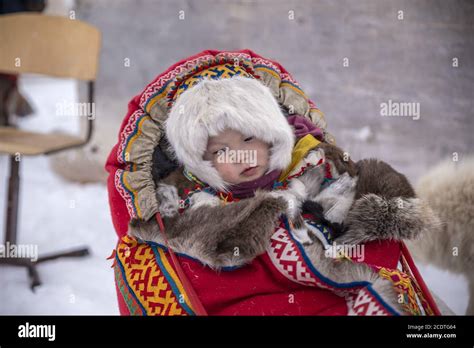 A Nenet Child In A Traditional Cradle Outdoor Yamalo Nenets Autonomous