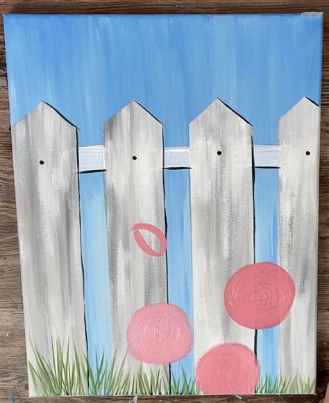 A Painting Of A White Picket Fence With Pink Circles In The Grass And