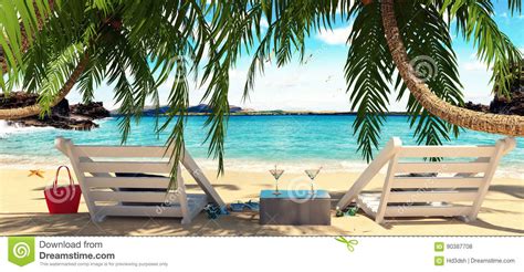 Two Chairs Under The Palm Trees With Beautiful View Of The Sea Stock