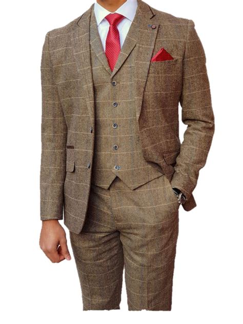 Classic Brown 3 Piece Tweed Suit Cavani Albert Slim Fit Check Suit