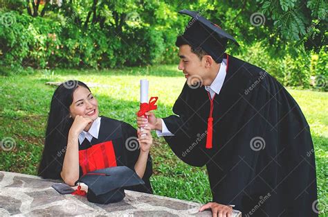 Couple Happy Smiling Graduates Woman Students Friends In Graduation