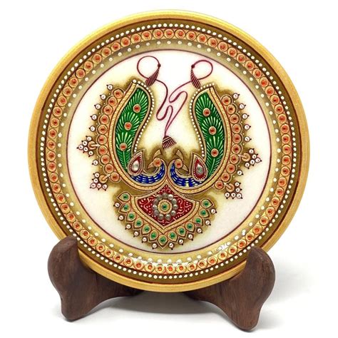 Gold Leaf Meenakari Jewelry Painting 6 Round Marble Plate Handmade
