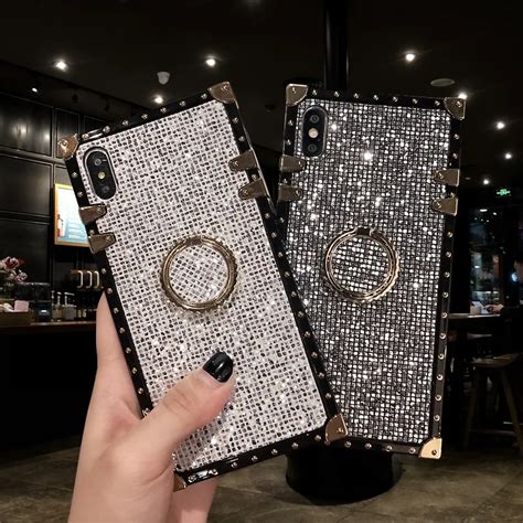 Case For Iphone Xr X Xs Max Cover Korean Square Rivet Metal Stand Shiny