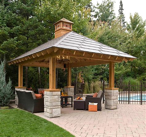 Wood And Stone Gazebo By The Pool Vistech Laval Laurentides